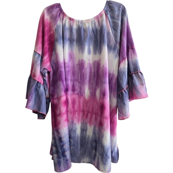Calessa Tie Dye Floral Embroidered Round Neck Tunic Top 2X Wide Bell Sleeves - Picture 5 of 7